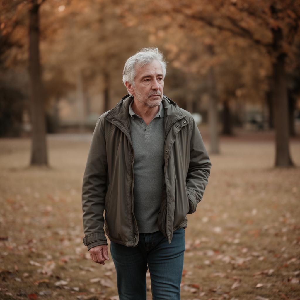 Hombre canoso de mediana edad caminando por un parque en otoño