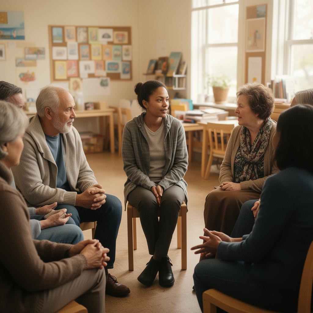 Grupo de personas conversando en un encuentro de apoyo