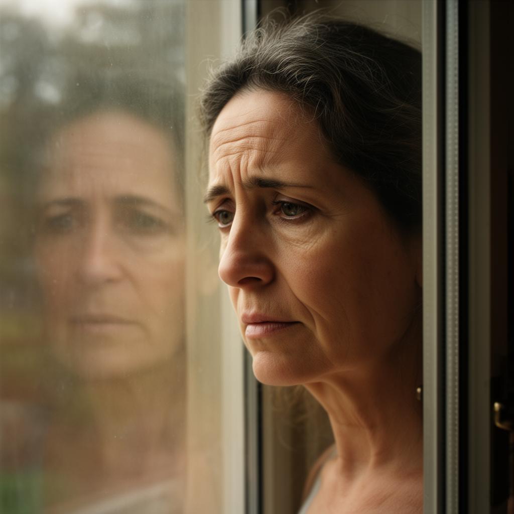 Mujer mirando por la ventana con expresión triste